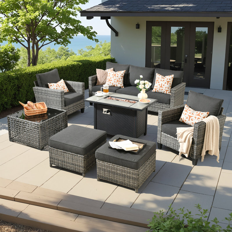 Harbin Wicker/Rattan 7- Person Outdoor Seating Group With Ottoman With Fire Pit Table, Black