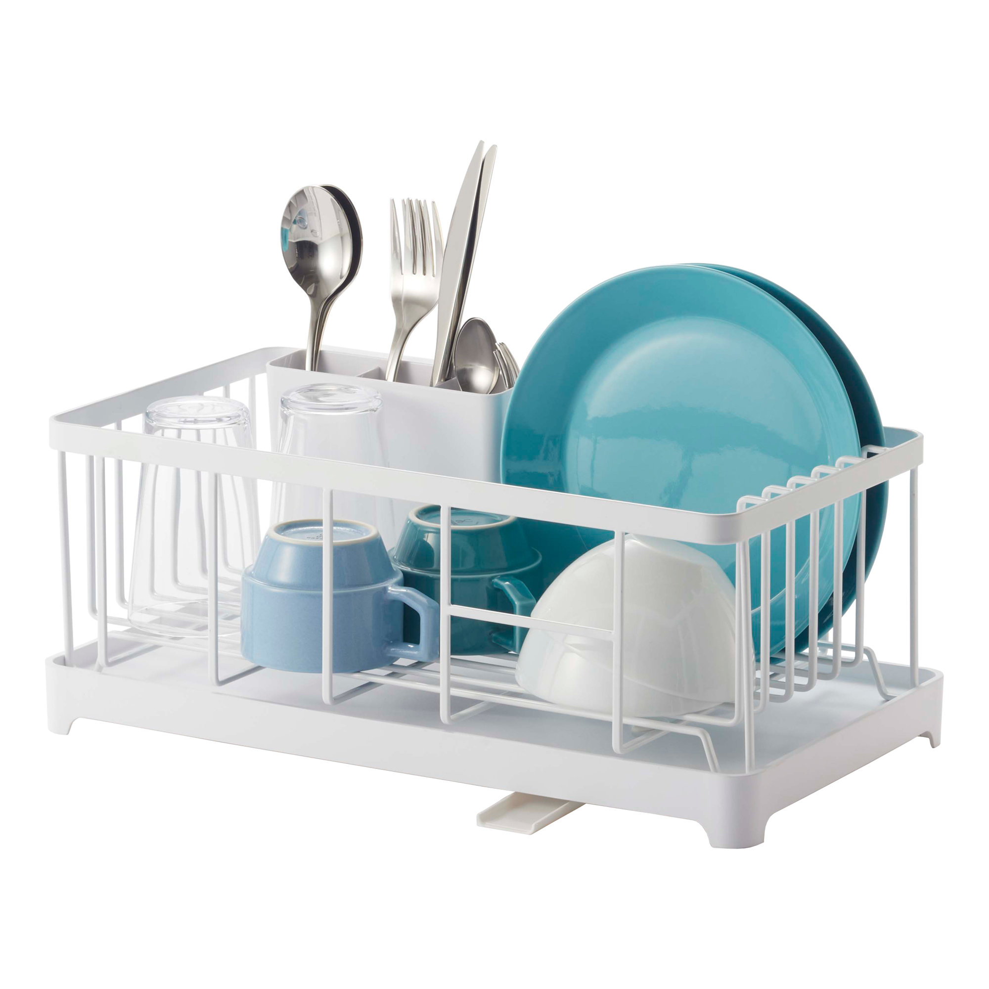 Yamazaki Home Wire Dish Drainer Rack with Removable Drainer Tray with Spout, Utensils Holder, Steel, White