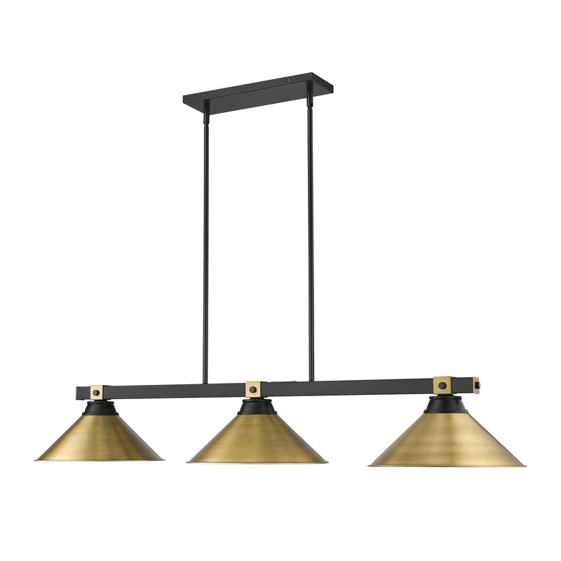 Billard 3 lumières Dressler en noir mat + laiton frotté, Doré, H 8,75 po x l 15,25 po x P 54 po