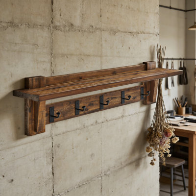Solid Wood Wall Mounted Coat Rack With Shelf - Rustic Industrial Farmhouse Entryway Organizer With 5 Metal Hooks For Mudroom And Living Room