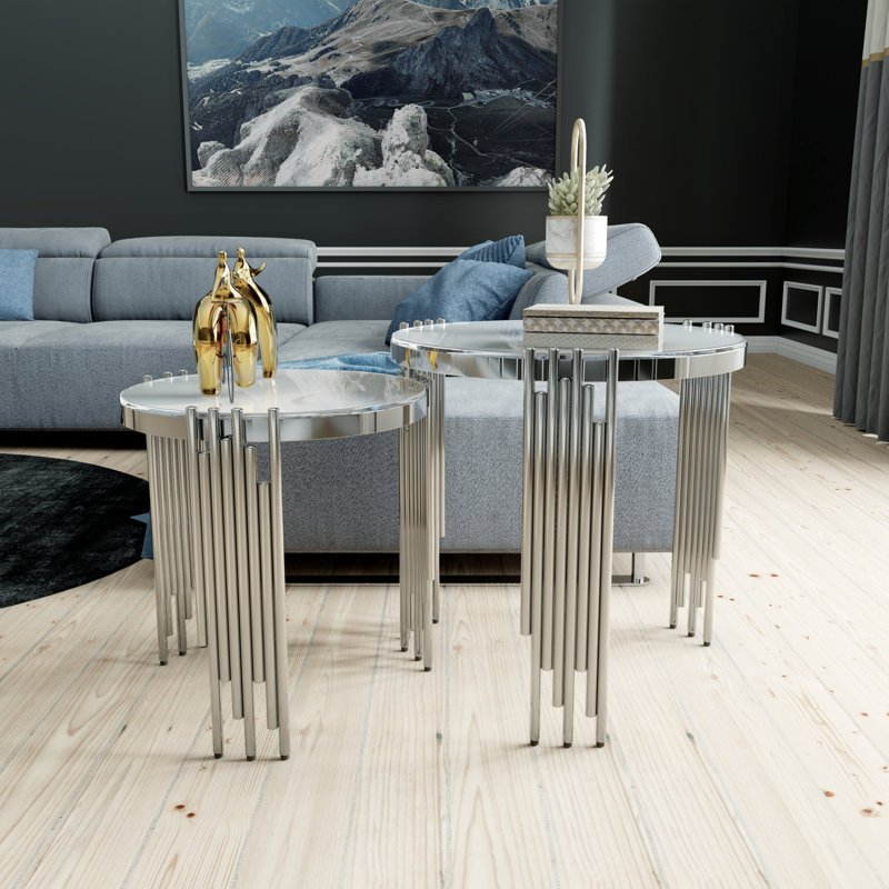 White Glass Nesting End Tables With Mirrored Silver Metal Legs Set Of 2