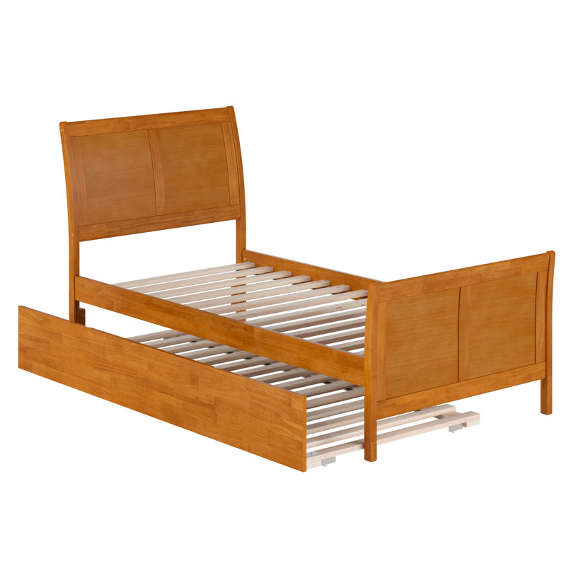 Lit plateforme en bois massif Fitzsimmons avec pied de lit et gigogne assortis, Simple TG, Caramel clair