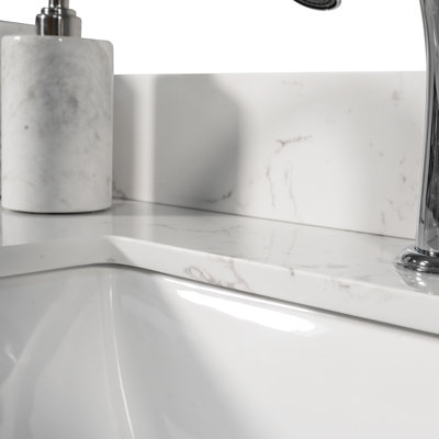 Plateau de meuble-lavabo en pierre reconstituée 43 po x 22 po avec lavabo encastré - couleur marbre blanc de Carrare - trou de robinet simple avec dosseret - convient à une armoire de 42 po