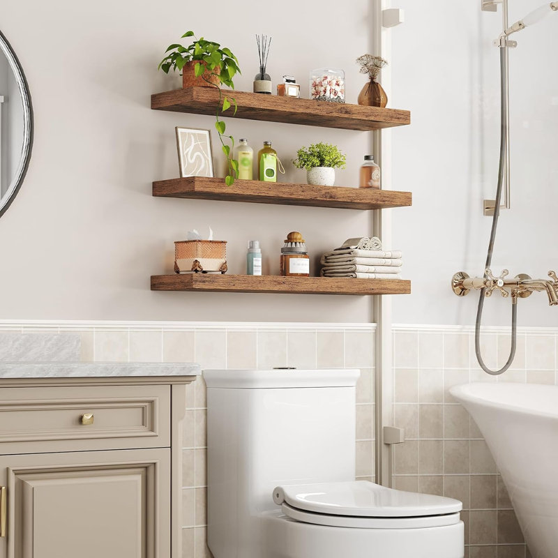 Ensemble de 3 tablettes murales flottantes à grain de bois de 31,5 po - 22 lb de rangement en panneau de particules épais pour la salle de bain et la chambre à coucher