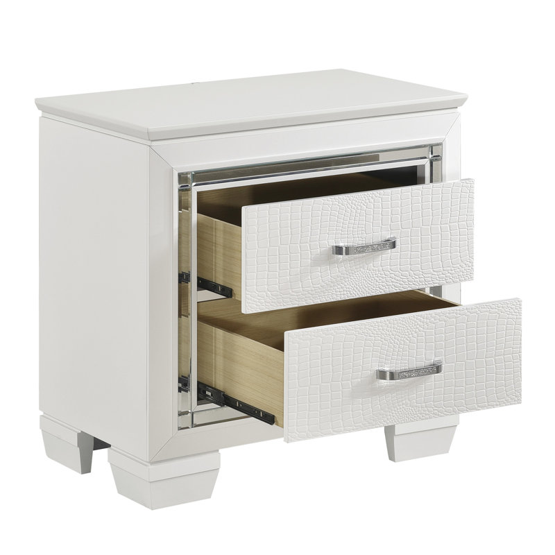 Table de chevet blanche avec 2 tiroirs, faux alligator et poignées en aluminium poli, tiroirs à bord miroir, Blanc