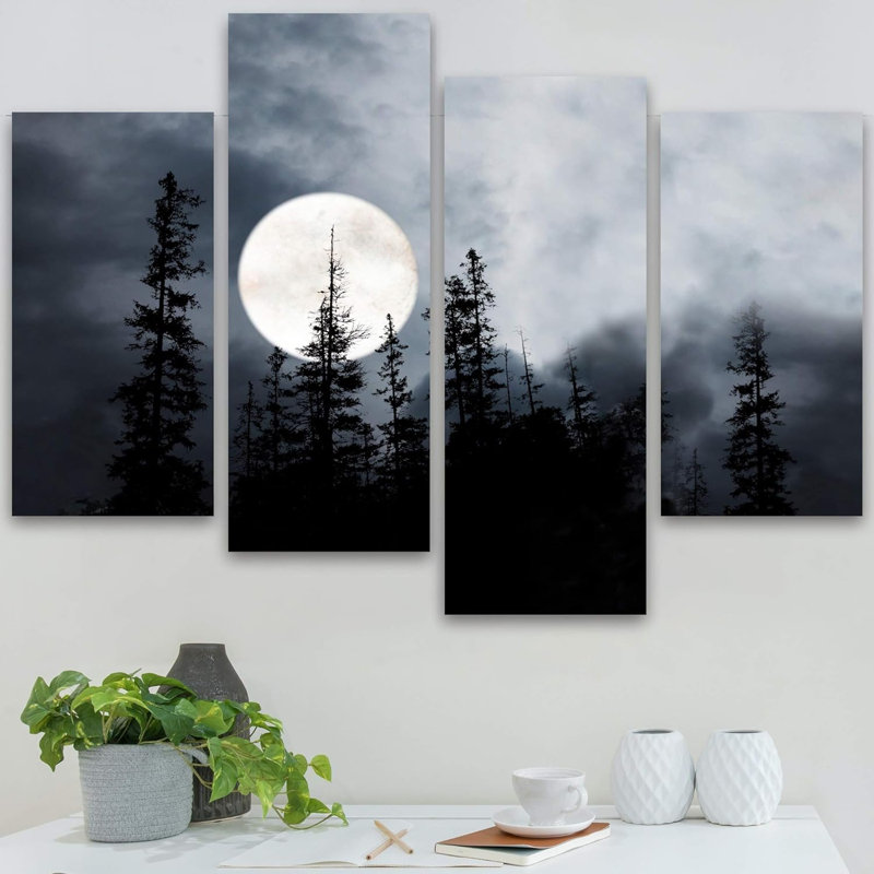 Lune nuit, forêt, paysage naturel pour salon, bureau à domicile, très grand ensemble de décoration murale sur toile, 4 pièces
