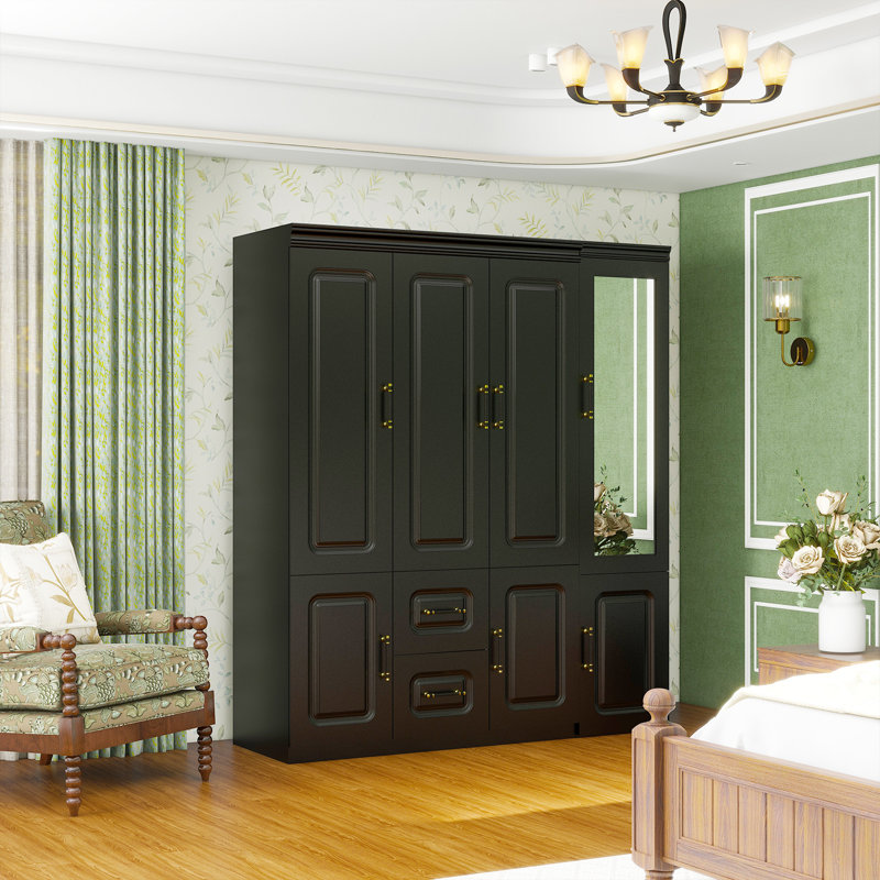 Armoire-penderie autoportante avec miroir, garde-robe noire moderne pour rangement