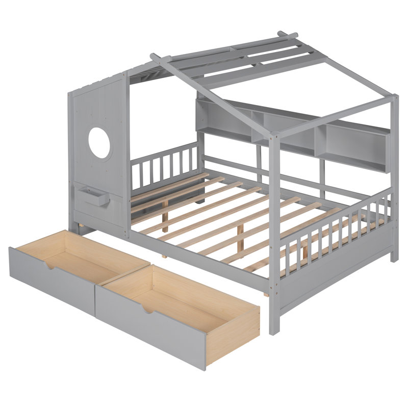 Lit en bois gris avec 2 tiroirs et tablette de rangement à l'arrière, maisonnette de jeu en bois, Lit double