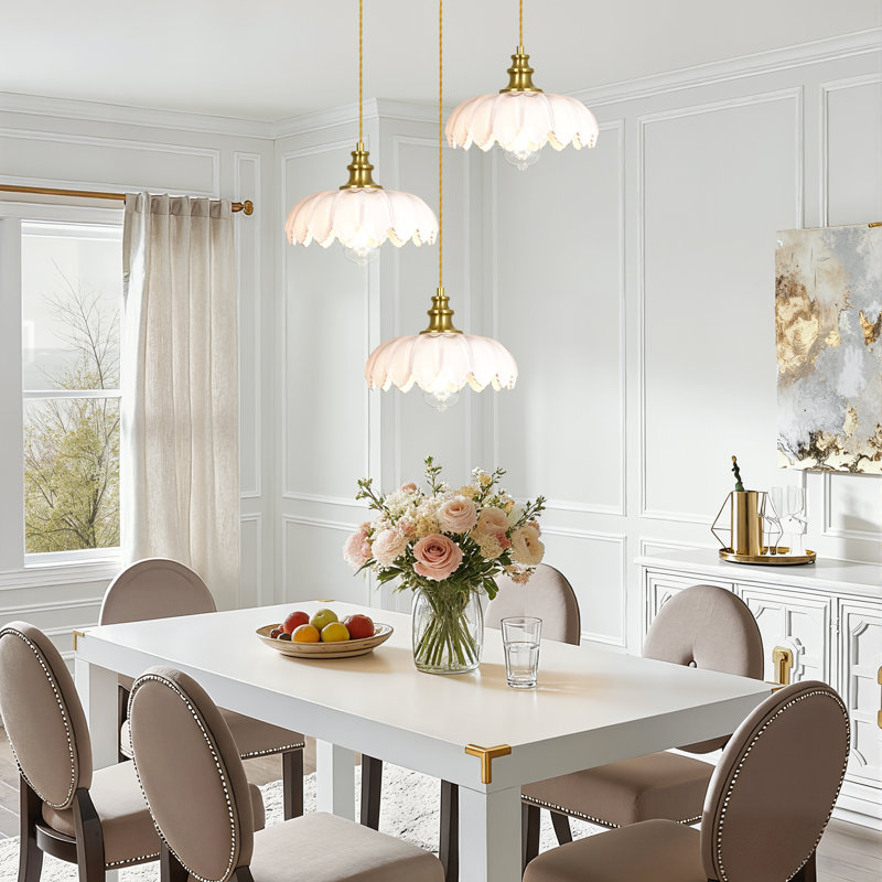  Luminaire suspendu en forme de dôme doré à 3 lumières avec abat-jour en verre pétale avec cordon Junathean, Blanc givré, 3