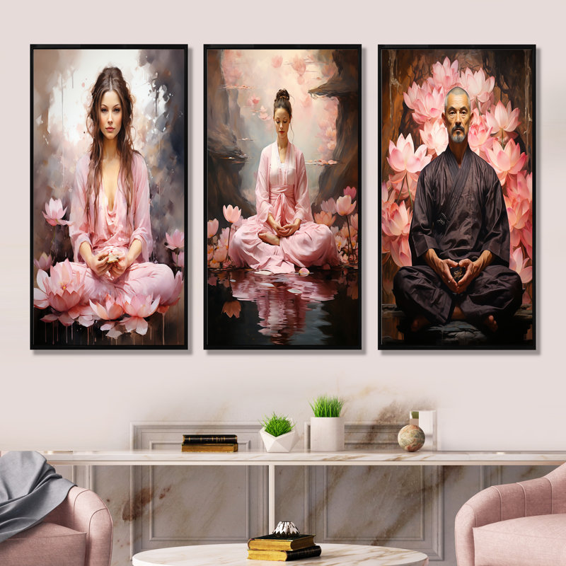 Yoga Lotus Asana - Yoga Wall Art Living Room Set Of 3, Black Floater Framed, 28" H x 36" W