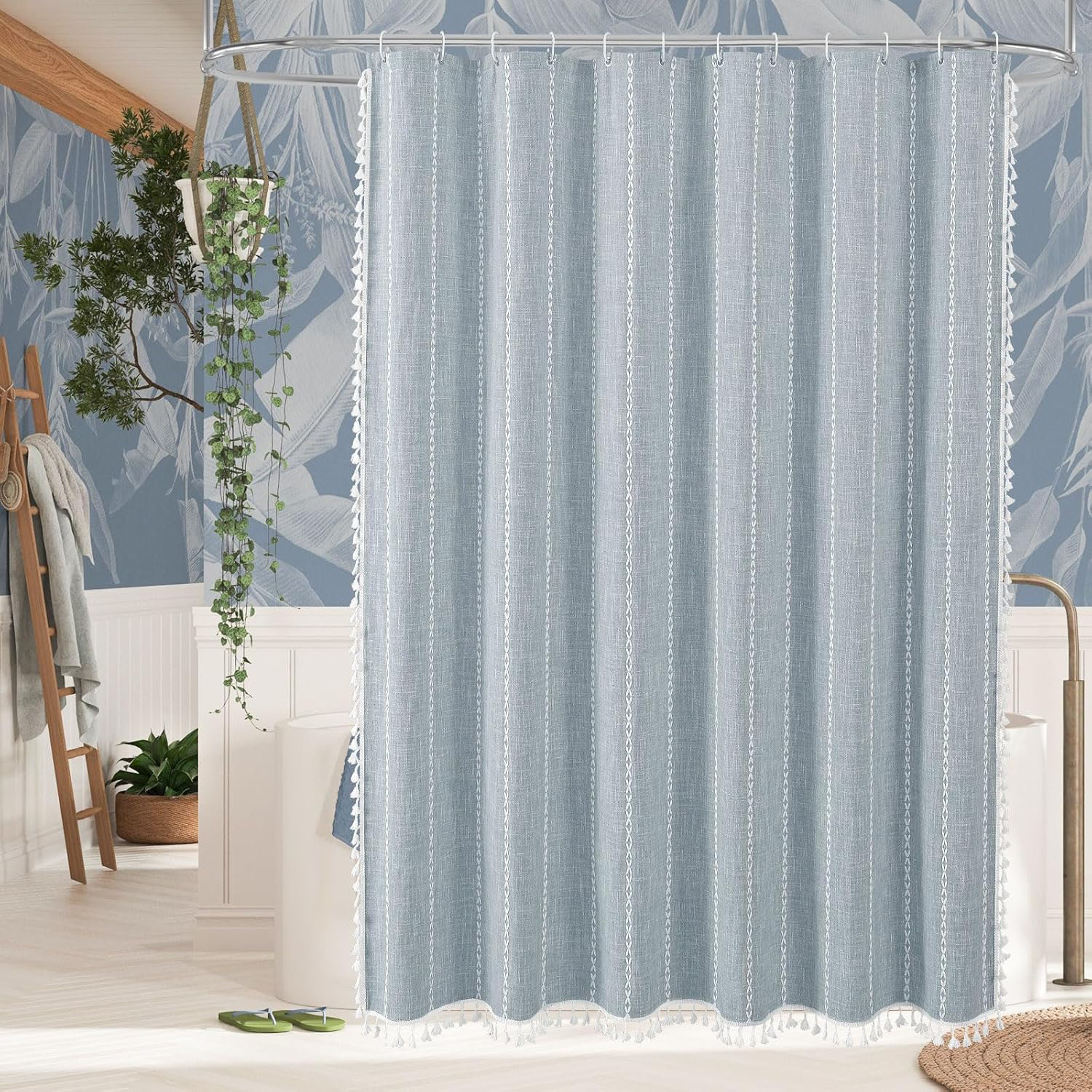 Gracie Oaks Boho Farmhouse Shower Curtain, Rustic Cotton Linen Fabric ...
