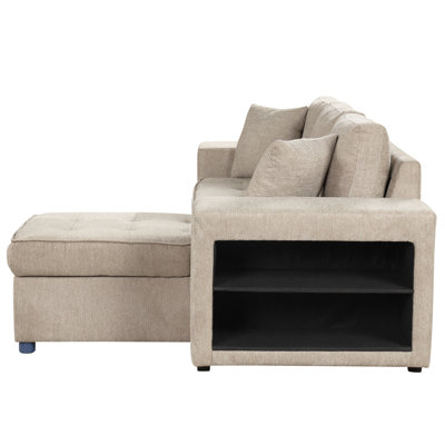 Cream L-Shape 3 Seat Reversible Sectional Couch With Sleeper Feature, 2 Stools And Storage Chaise For Home 104.5" Function Stools, In Living Room Setup