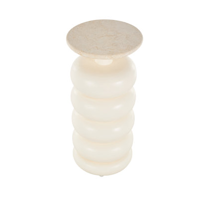 Teak Wood Handmade Carved Bubble Inspired Side End Cream Accent Table With Marble Tabletop
