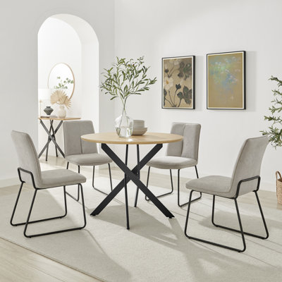 Hadlow Veneer & Metal Round Dining Table With Eubanks Fabric Chairs - Modern Statement Design