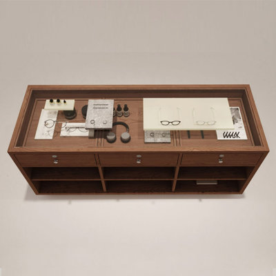 Brown Solid Wood Display Counter with Tempered Glass Top, Three Drawers, and Open Shelf Storage