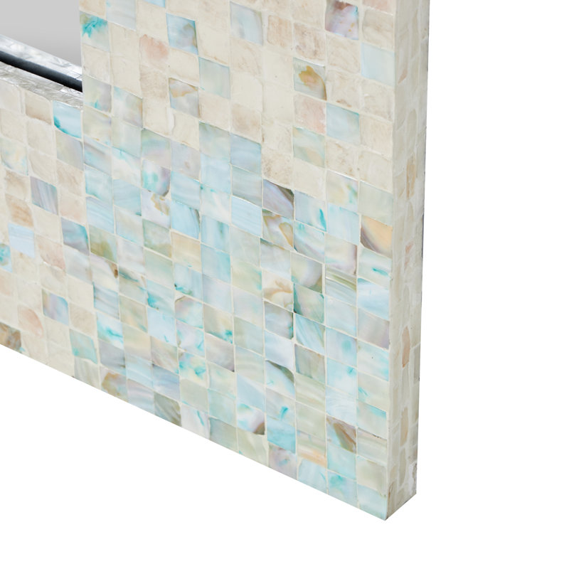 Mother of Pearl Shell Handmade Mosaic Room Wall Mirror with Blue Corners, 70.13"  x 35.5" 