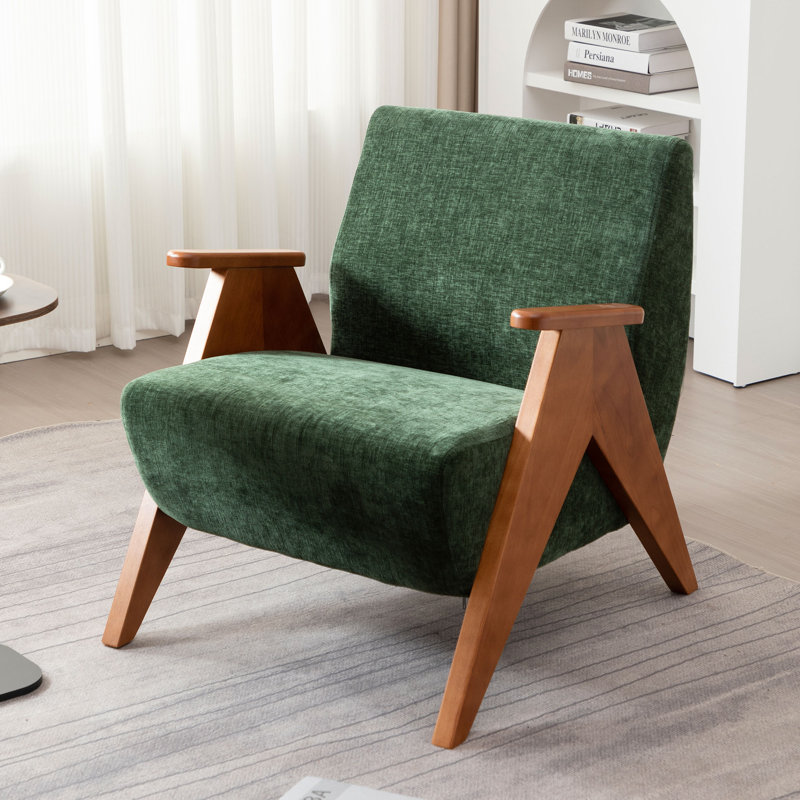 Kyajah 27.5" W Chenille Solid Wood Armchair, Green 