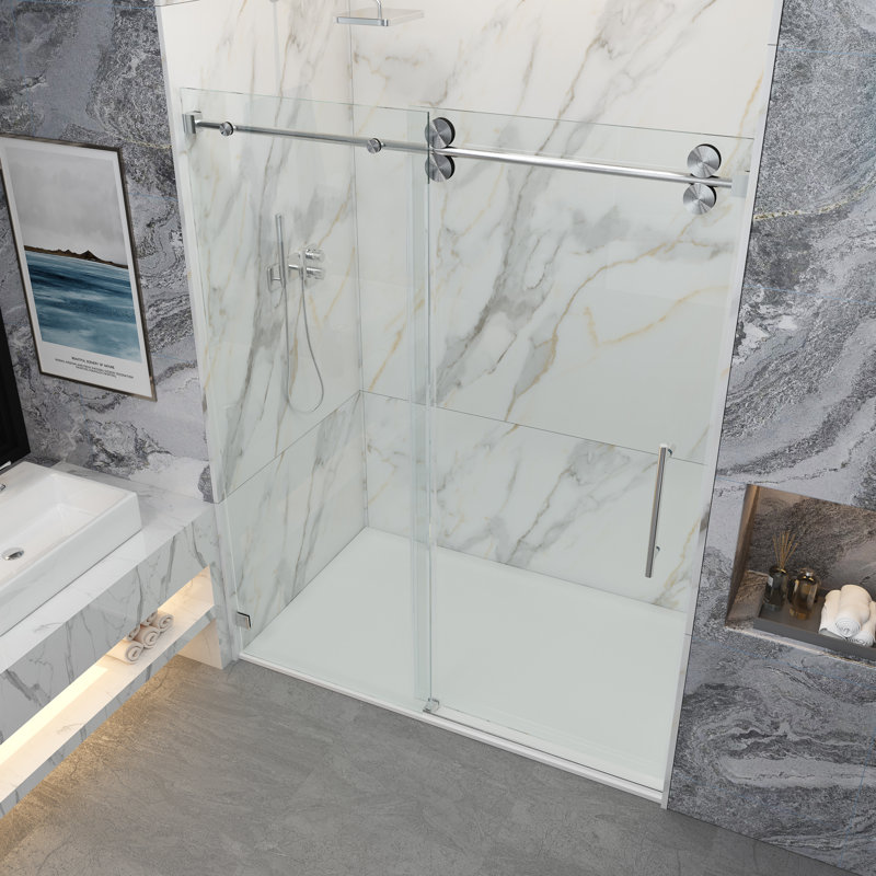 Porte de douche coulissante simple sans cadre avec verre transparent de 3/8 po (10 mm) Opal Mirage MCOCOD l 62 à 66 po x H 76 po