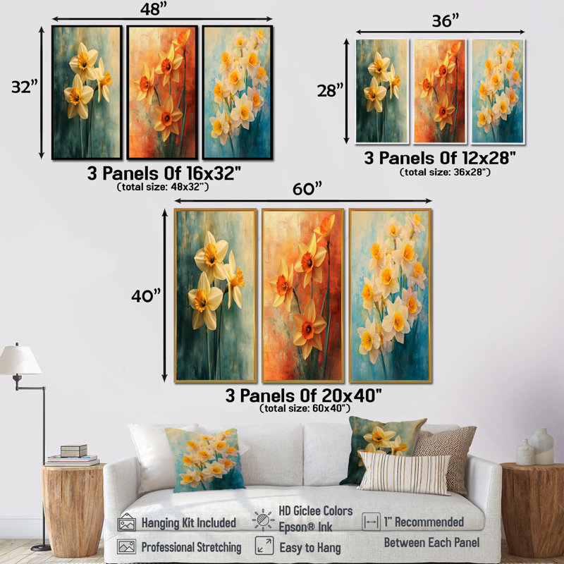 «Daffodil Radiance In Pastels Impressionist I» - Collection d'art mural jonquilles, H 28 po x l 36 po, Toile tendue