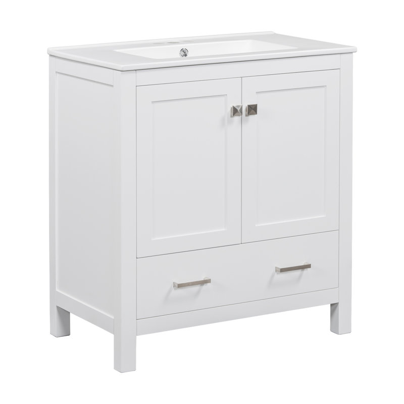 Meuble-lavabo blanc 30 po, meuble-lavabo en bois massif + armoire, lavabo sous-comptoir simple, 2 portes et 1 tiroir, unité de rangement élégante, fabrication d'évier, pour un espace de détente