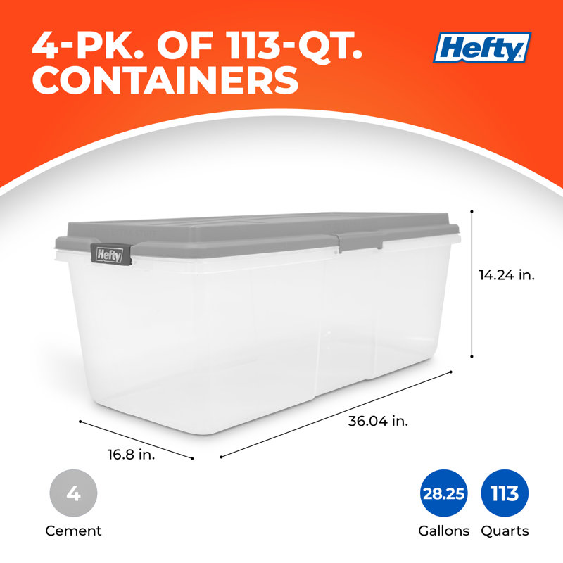 Paquet de 4 bacs de rangement en plastique avec couvercles Hefty Hi-RISE 113 pte, gris ciment