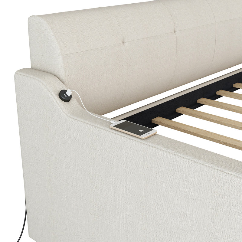 Twin Size Upholstery Daybed With Trundle And Usb Charging Design,Trundle Can Be Flat Or Erected, Beige, Twin