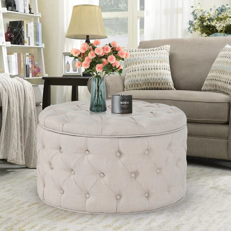 Amram Tufted Round Storage Ottoman, Light Beige Linen