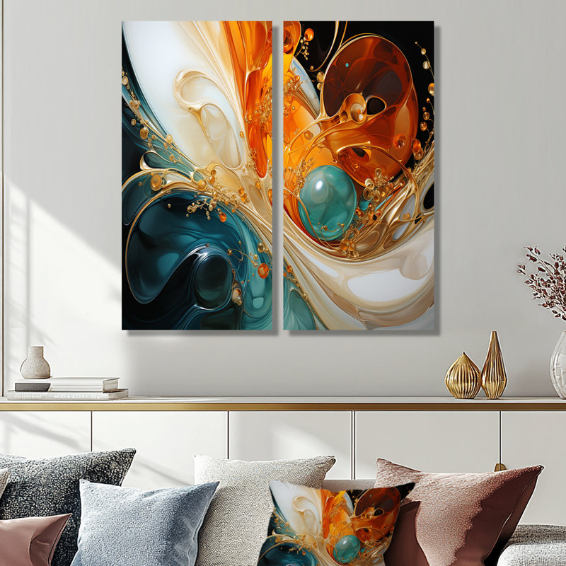 «Orange and Emerald Marble Lava I», peinture abstraite sur toile, H 32 po x l 32 po, Toile tendue, Ne s’applique pas