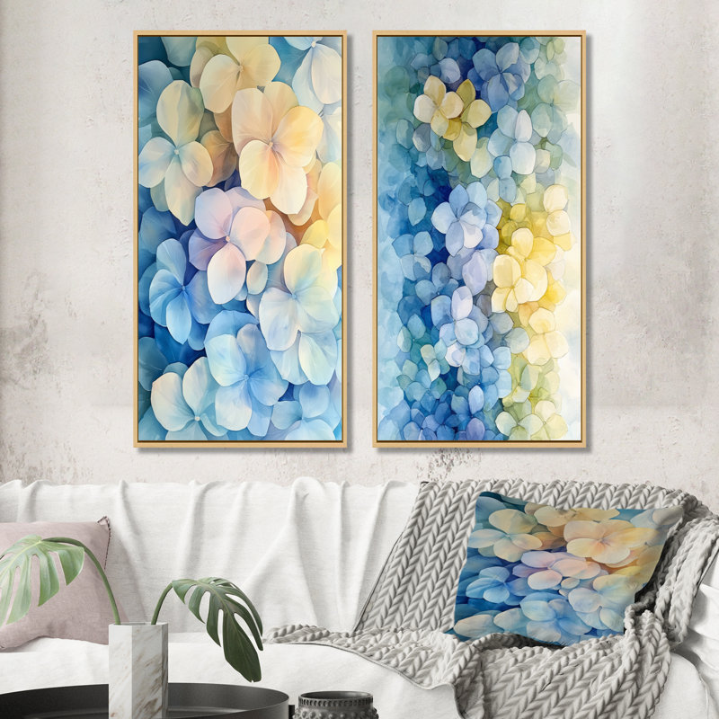 Hydrangée abstraite, horizon de simplicité I - impressions sur toile florales 2 pièces, Cadre crème crème, H 32 po x l 33 po