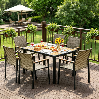 Ensemble de salle à manger d'extérieur 7 pièces, table en bois d'acacia avec trou pour parasol et chaises en osier pour jardin
