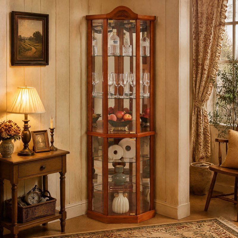 Vitrine d'angle éclairée, meuble bar et cave à vin à décor sculpté avec étagères en verre ajustables, éclairage intégré inclus, fini chêne