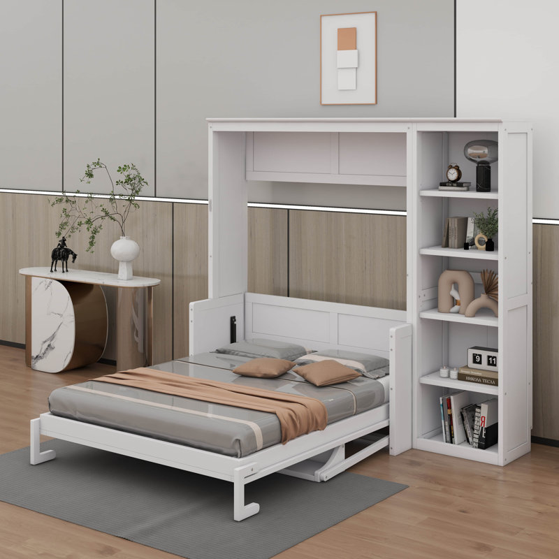 Lit escamotable double pleine grandeur avec bureau intégré et bibliothèque complète, Blanc