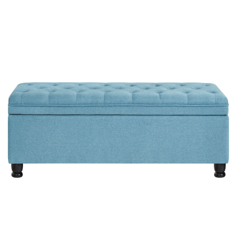 Button Linen Storage Bench With Blue Cover And Solid Wooden Construction Fabric Upholstered In Secure Legs