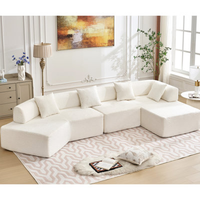 Modern Minimalist 4 140" L-shape With Chaise, White - No Assembly, Living Room Couch 4 Seats, Luxury Boucle Fabric
