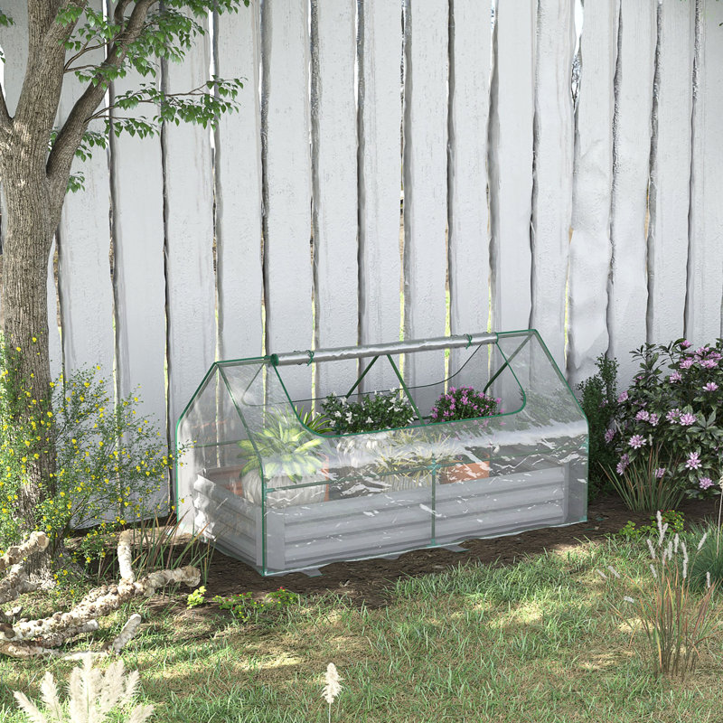 6' X 3' Galvanized Raised Garden Bed With Mini PVC Greenhouse Cover, Outdoor Metal Planter Box With 2 Roll-Up Windows For Growing Flowers, Fruits, Vegetables And Herbs, Light Gray