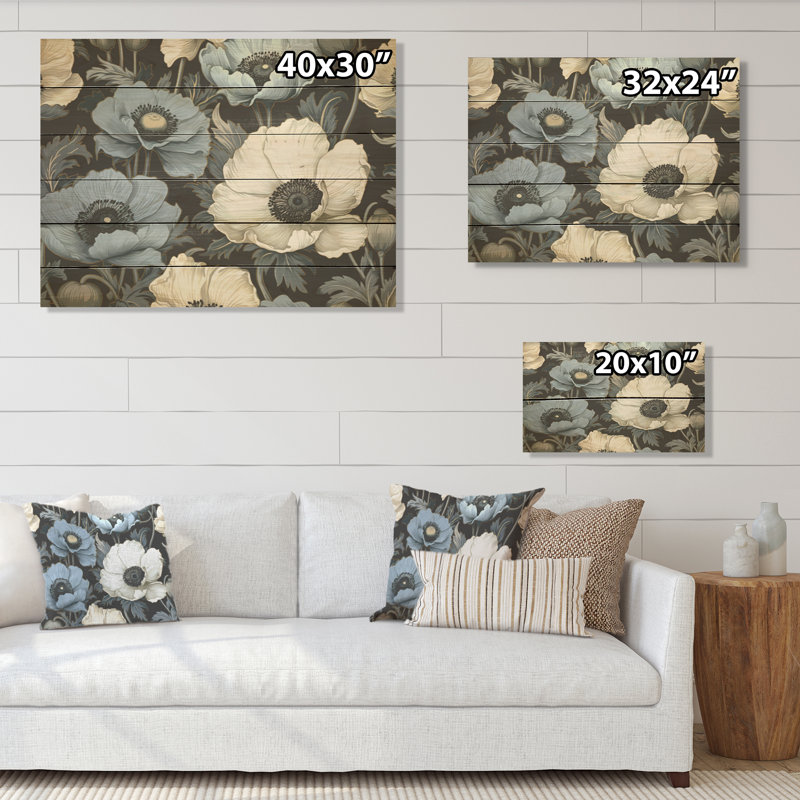 Euphoria bleu et gris coquelicots I - fleurs, art mural sur bois de pin naturel, H 10 po x l 20 po