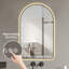 Miroir arqué moderne 32 po x 60 po pour salle de bain avec fonction de température et de temps, rétroéclairage, fonction de brouillard, 3 lumières de couleur réglables, cadre de salle de bain en aluminium noir, indicateur, brouillard, niveau de contrôle,