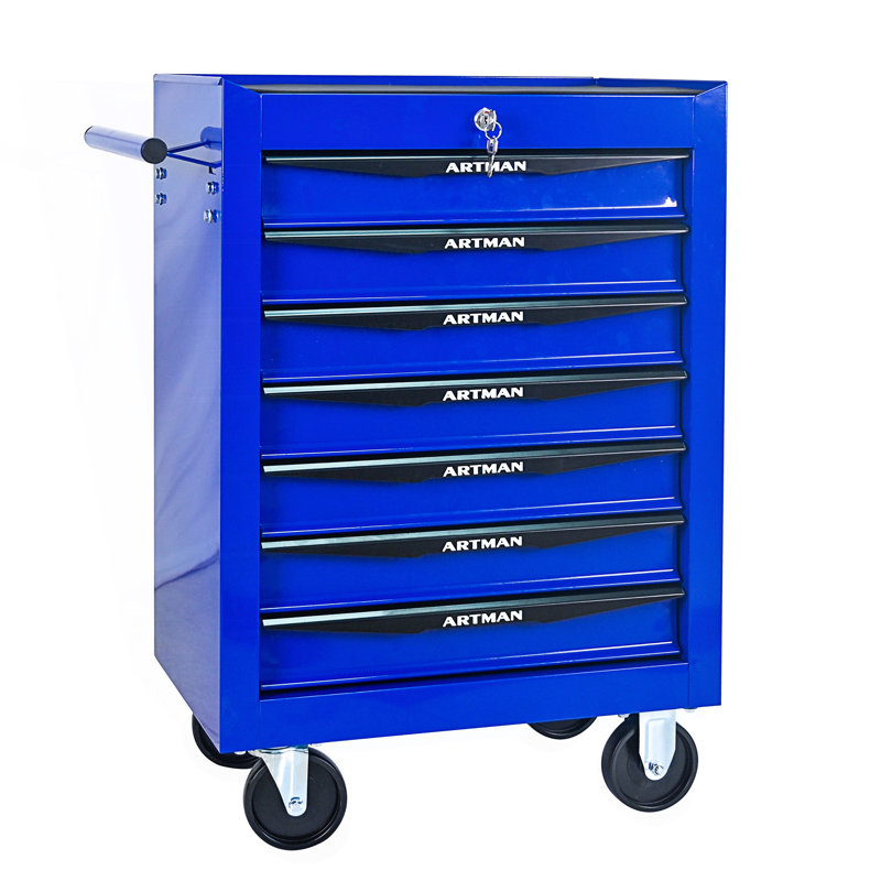 Coffre à outils roulant en métal avec 7 tiroirs, armoire d'appoint, Noir / Bleu