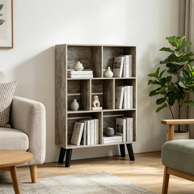 Bibliothèque moderne à 3 niveaux avec pieds, tablette de présentation autoportante en bois, bibliothèque à 7 cubes