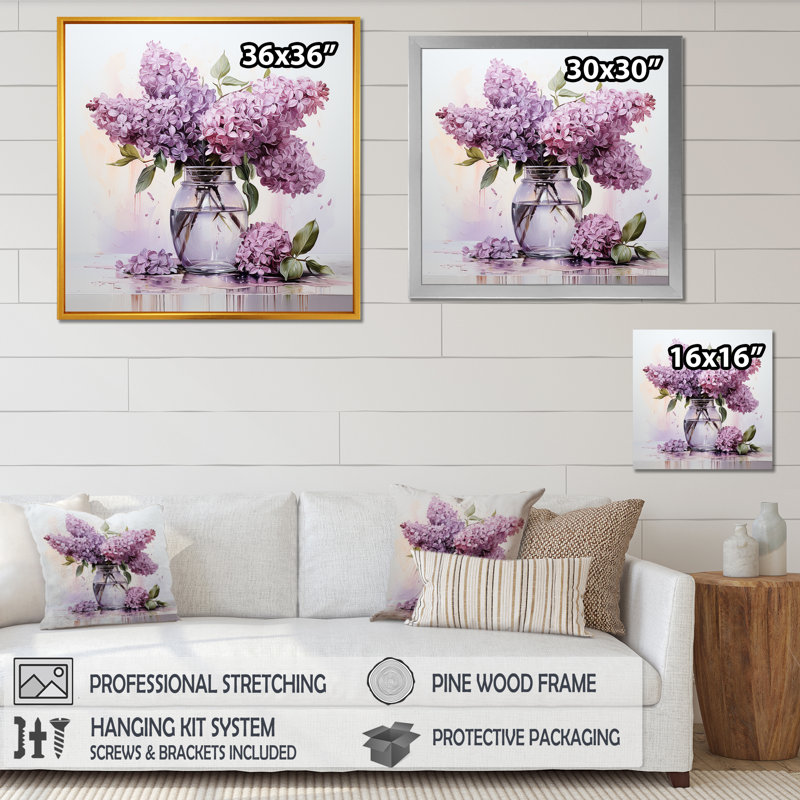 «Elegant Lilac Bouquet Vase I», reproduction sur toile, Cadre simple blanc, H 24 po x l 24 po x P 1 po