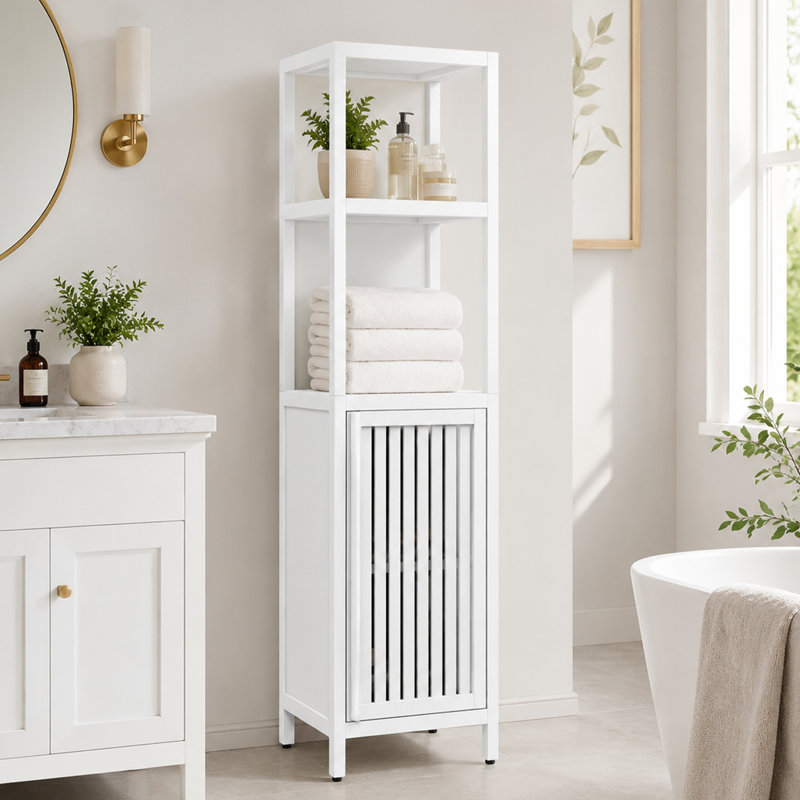 Bamboo Bathroom Storage Cabinet Freestanding Organizer for Small Spaces with Door and Shelves, White