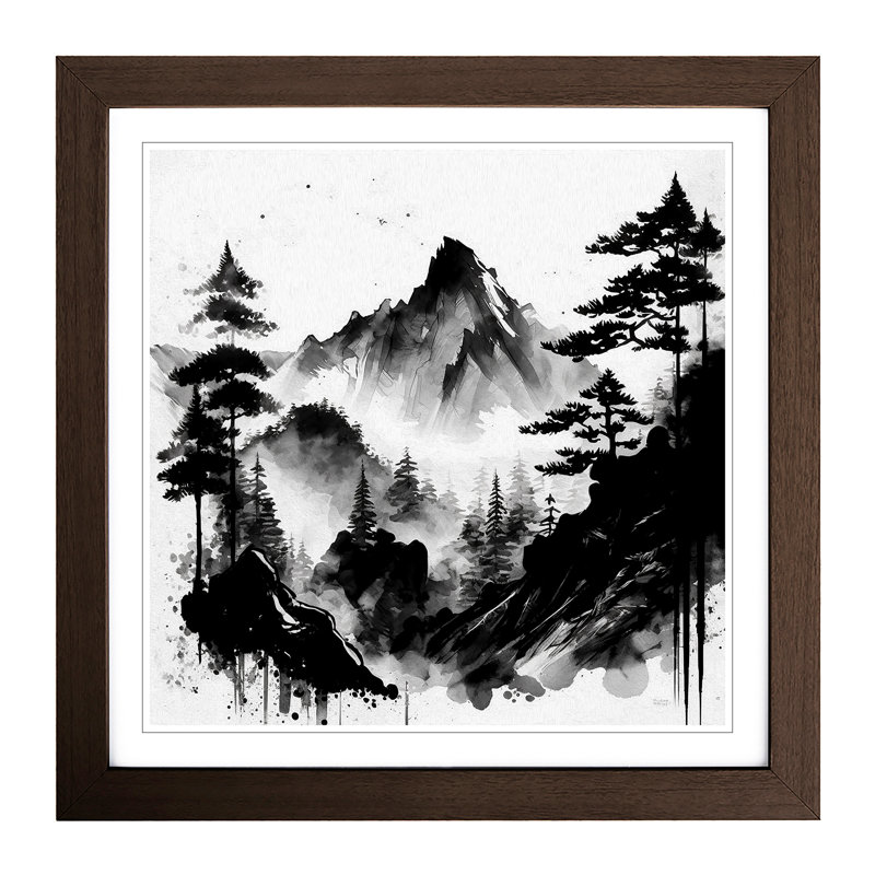 Japanese Mountains Ink Wash - Single Picture Frame Print on Wood, Walnut