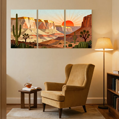 «Landscape & Nature Desert Landscape Sunset Cactus Mountains Reflections», ensemble de 3 reproductions d'art sur toile