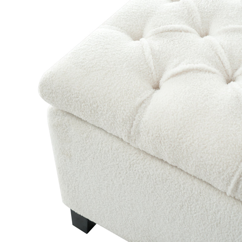 Banc repose-pieds avec rangement, surface bouclée, pieds en bois d'hévéa, Blanc