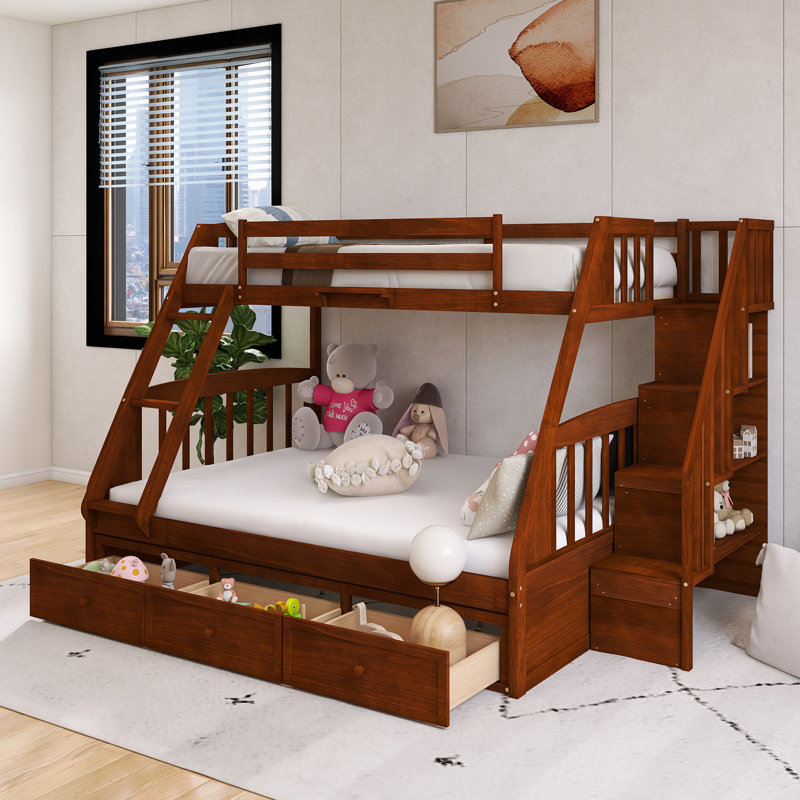 Lit superposé simple au-dessus de double avec cadre en bois avec tiroirs, échelle et escalier de rangement, Espresso