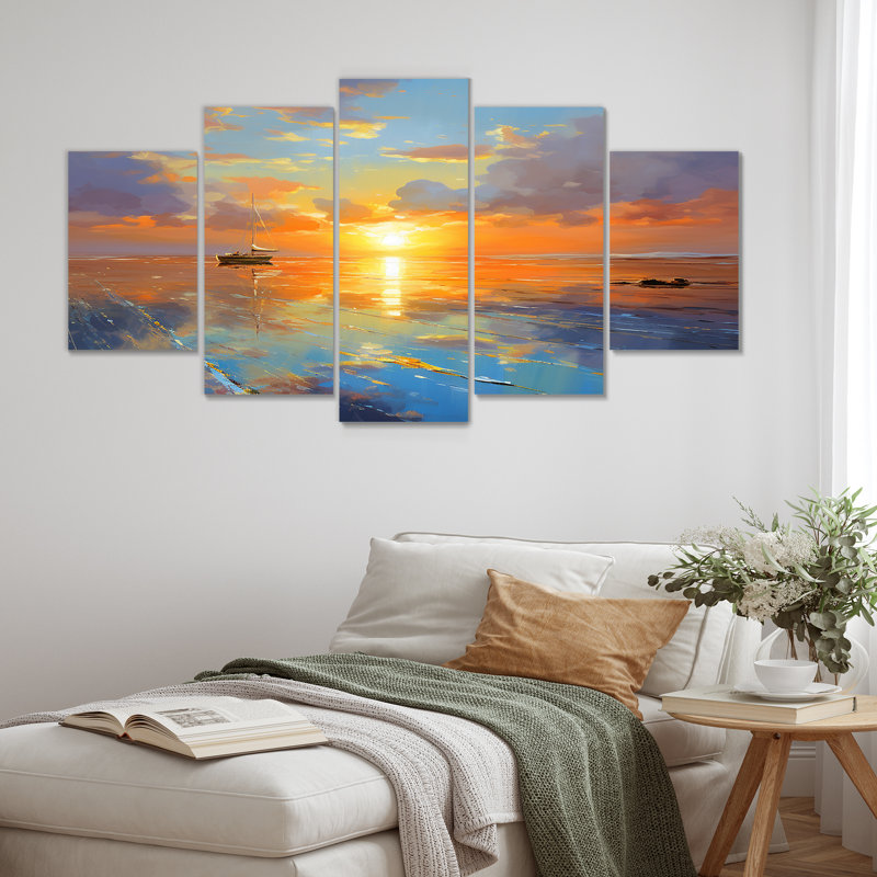 «Little Boat At The Infinite Ocean Sunset», ensemble d'art mural 5 pièces