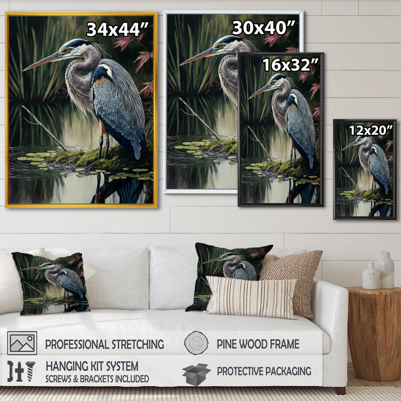 Héron au bord de la rivière - reproduction sur toile, H 40 po x l 30 po x P 1,5 po, Toile avec cadre flottant noir