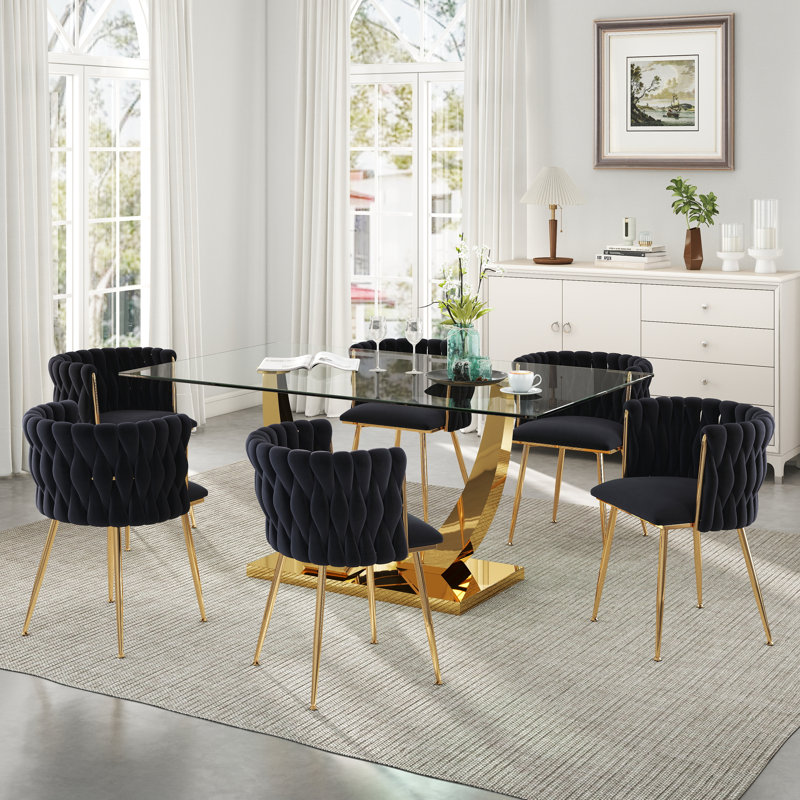 Rectangle Pedestal Dining Set with Woven Dining Chair, 29.5"H x 63"L x 35.4"W-Gold, Black, Gold