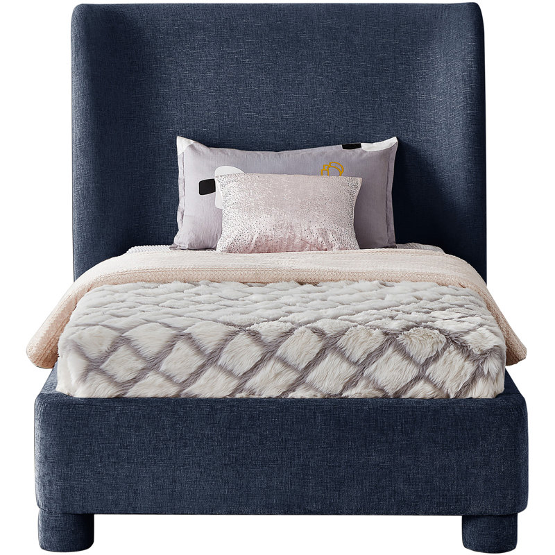 Hridhaan Upholstered Unfinished Wingback Bed, Twin, Navy Chenille Fabric