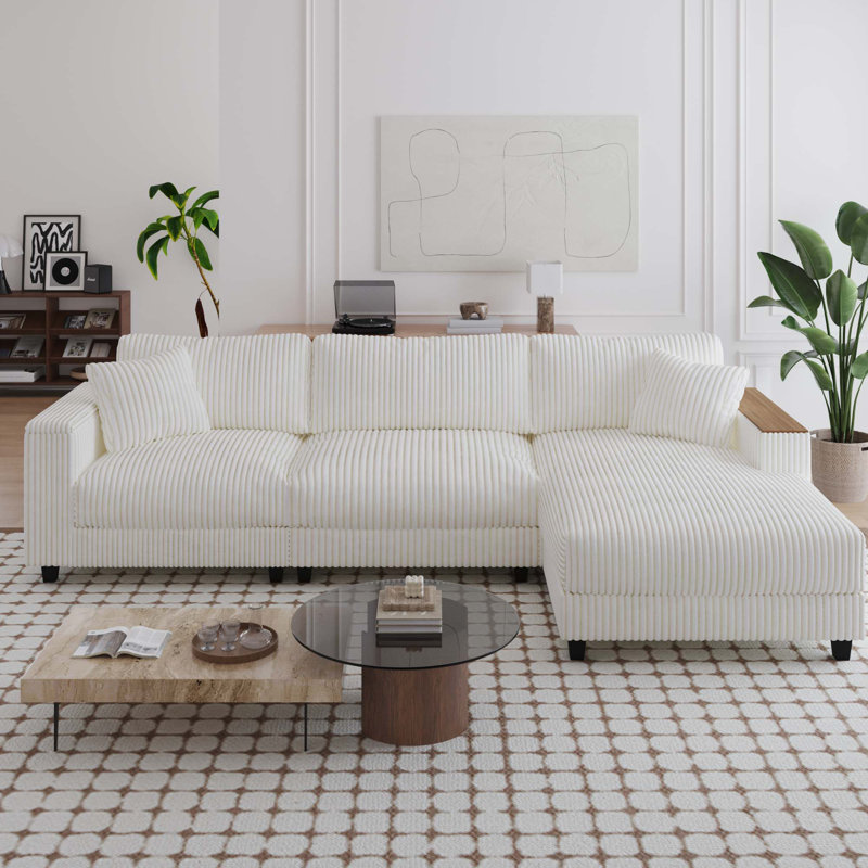 Canapé modulaire en L 114,5 po avec 2 coussins en velours côtelé avec méridienne réversible, Velours côtelé gris